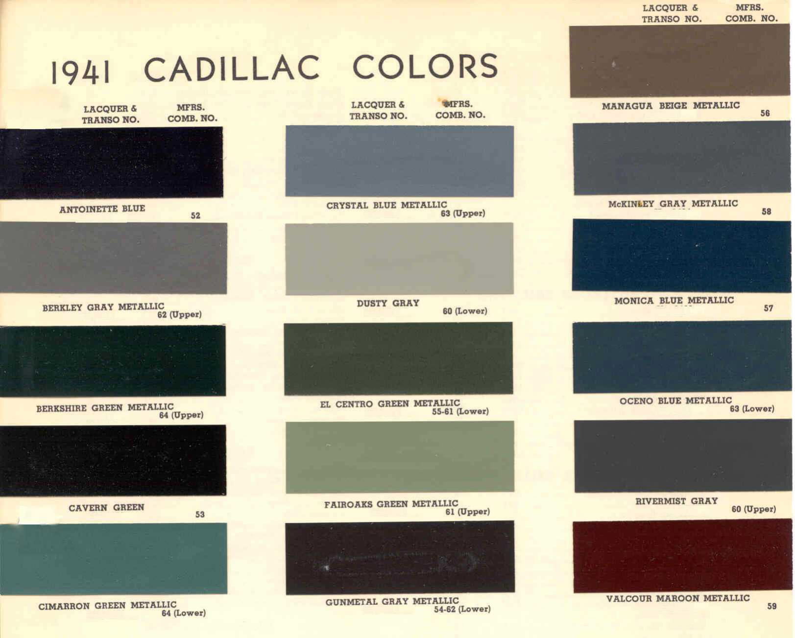 Cadillac Paint Paint Color Example Charts, Descriptions