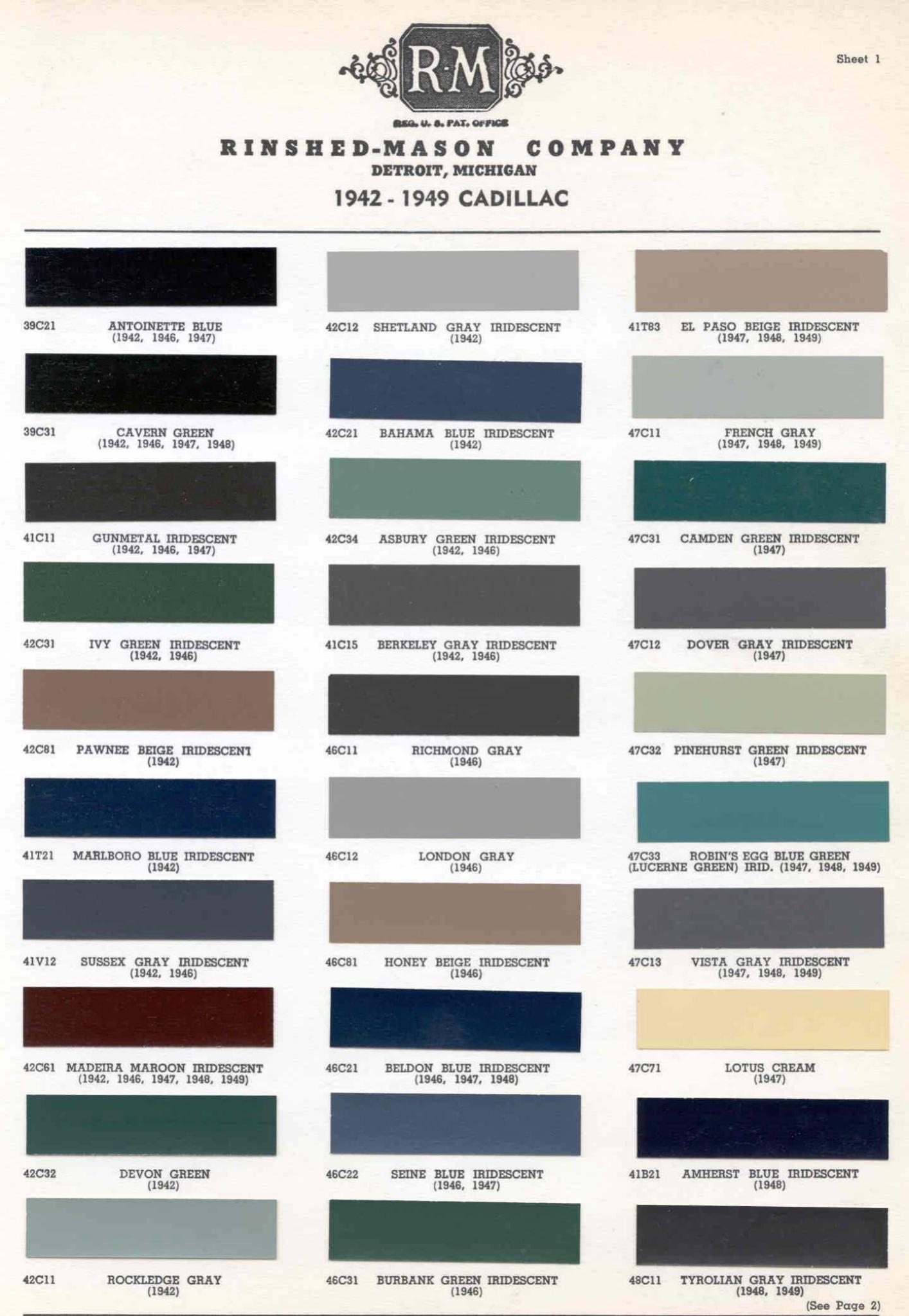 Cadillac Paint Paint Color Example Charts, Descriptions