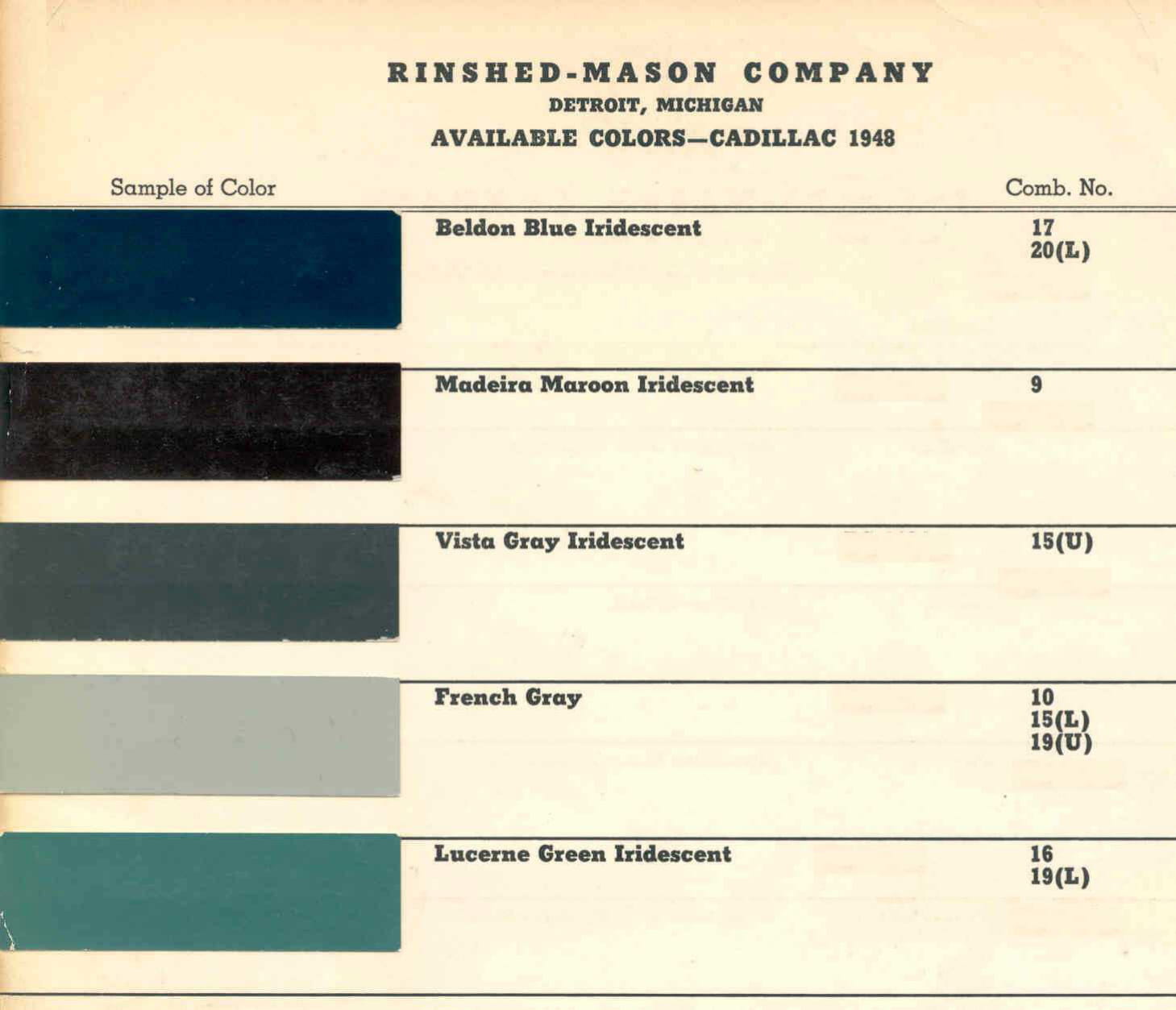 1948 Cadillac Paint Paint Color Example Charts, Descriptions