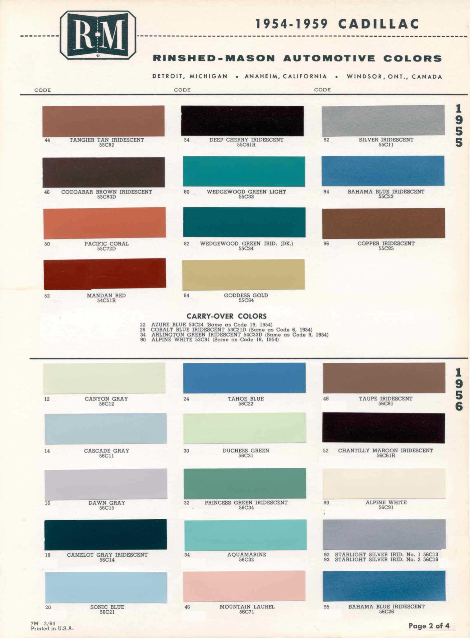 1955-1956 Cadillac Paint Color Code Chart Cadillac Paint Paint Color Example Charts, Descriptions