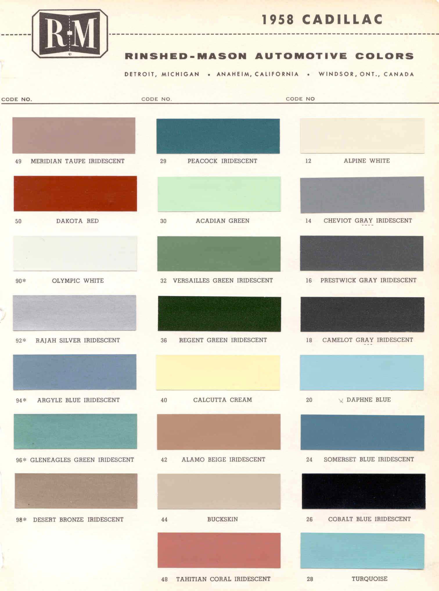 1958 Cadillac Paint Color Code Chart Cadillac Paint Paint Color Example Charts, Descriptions