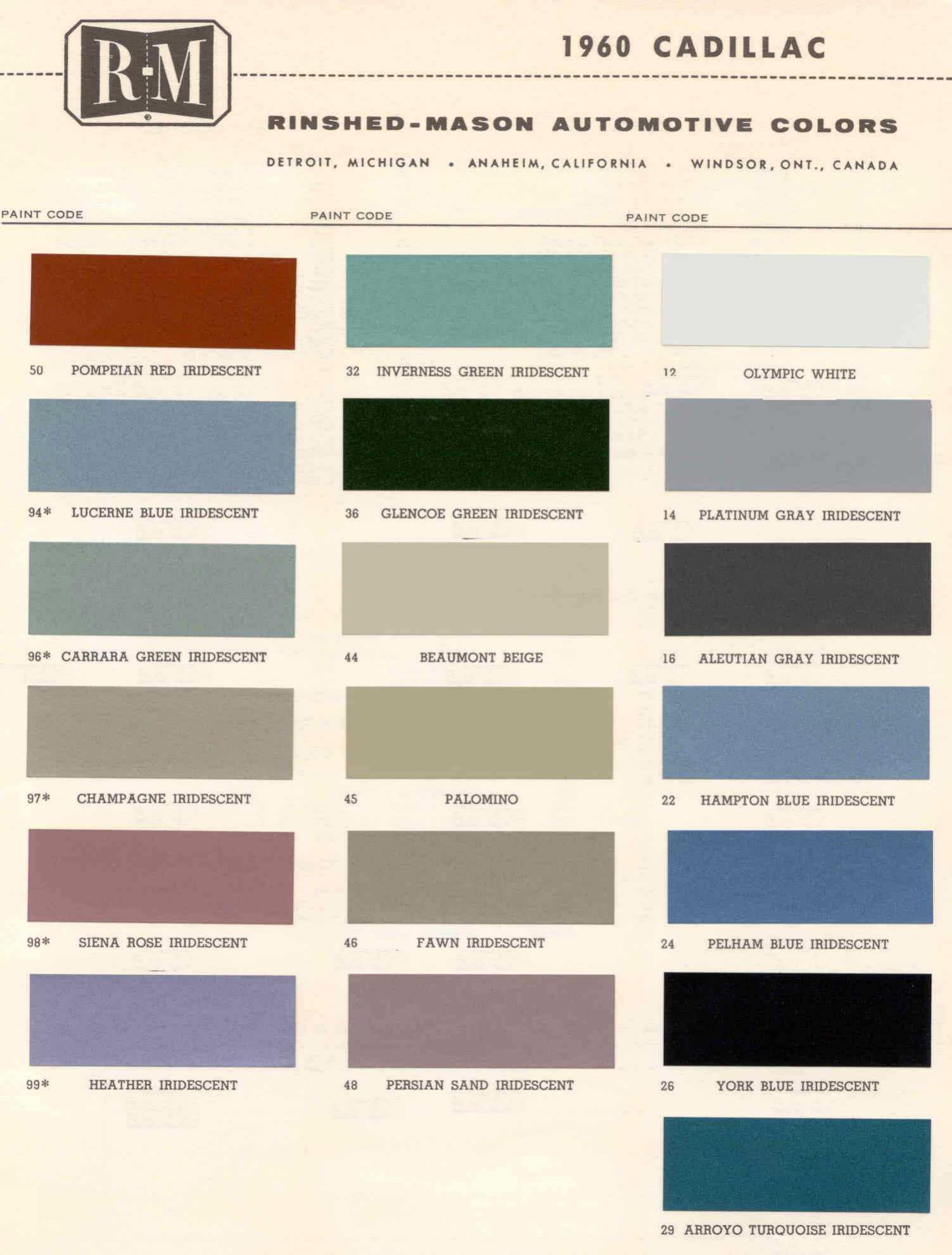 1960 Cadillac Paint Color Code Chart Cadillac Paint Paint Color Example Charts, Descriptions
