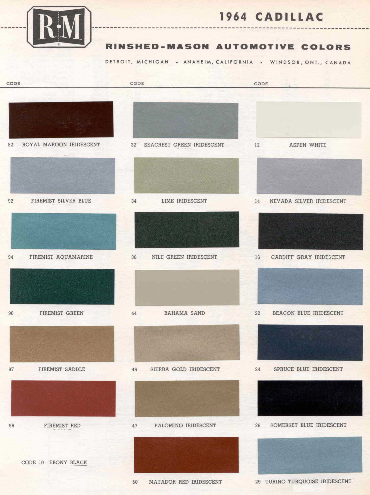 1964 Cadillac Paint Color Code Chart Cadillac Paint Paint Color Example Charts, Descriptions