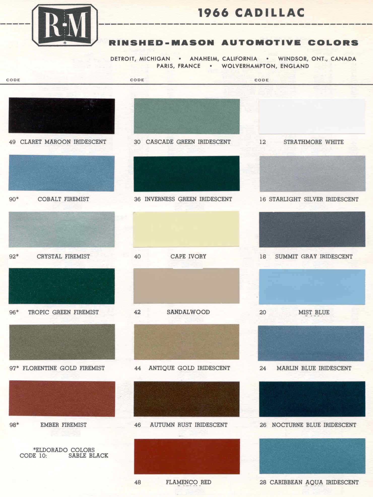 1966 Cadillac Paint Color Code Chart Cadillac Paint Paint Color Example Charts, Descriptions