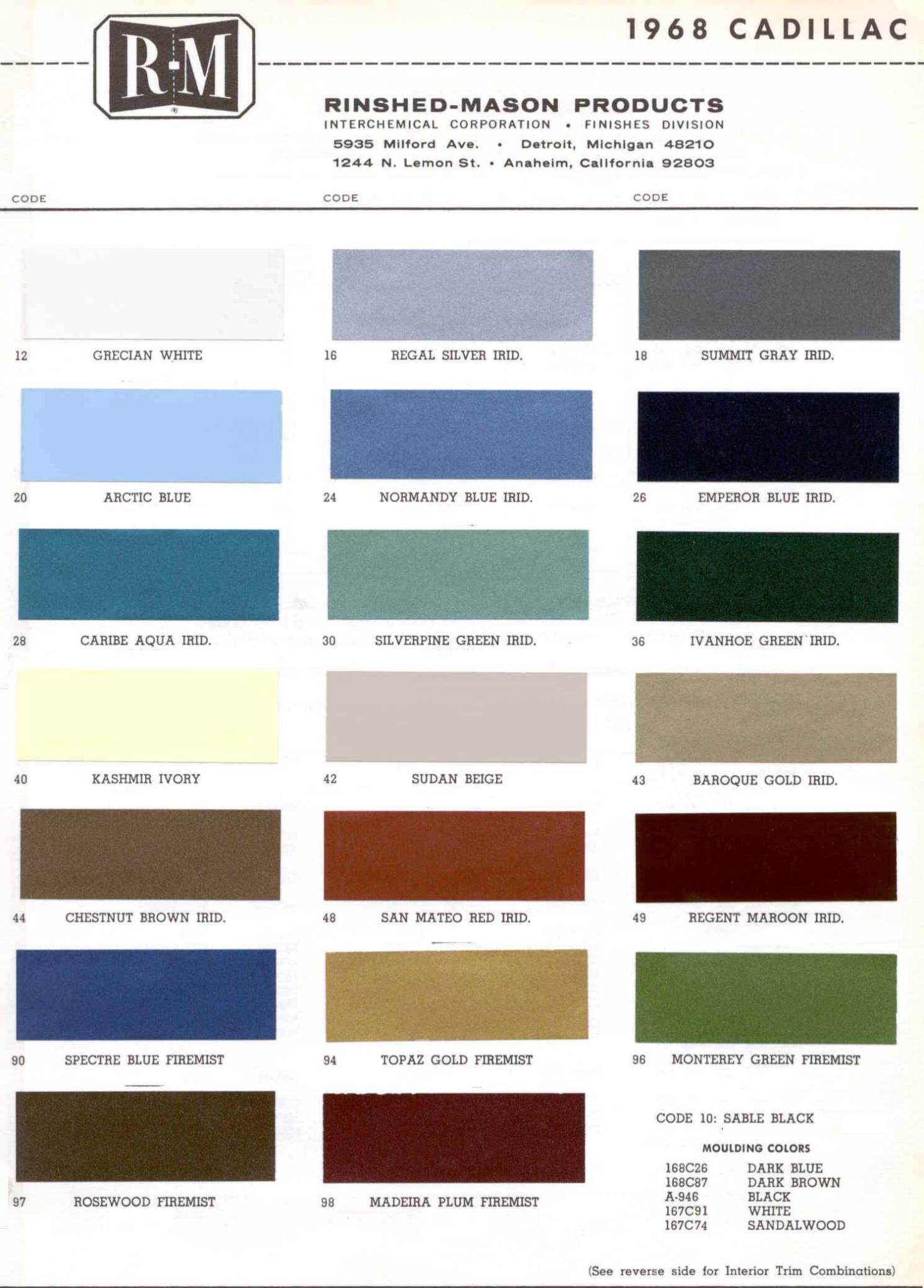 1968 Cadillac Paint Color Code Chart Cadillac Paint Paint Color Example Charts, Descriptions