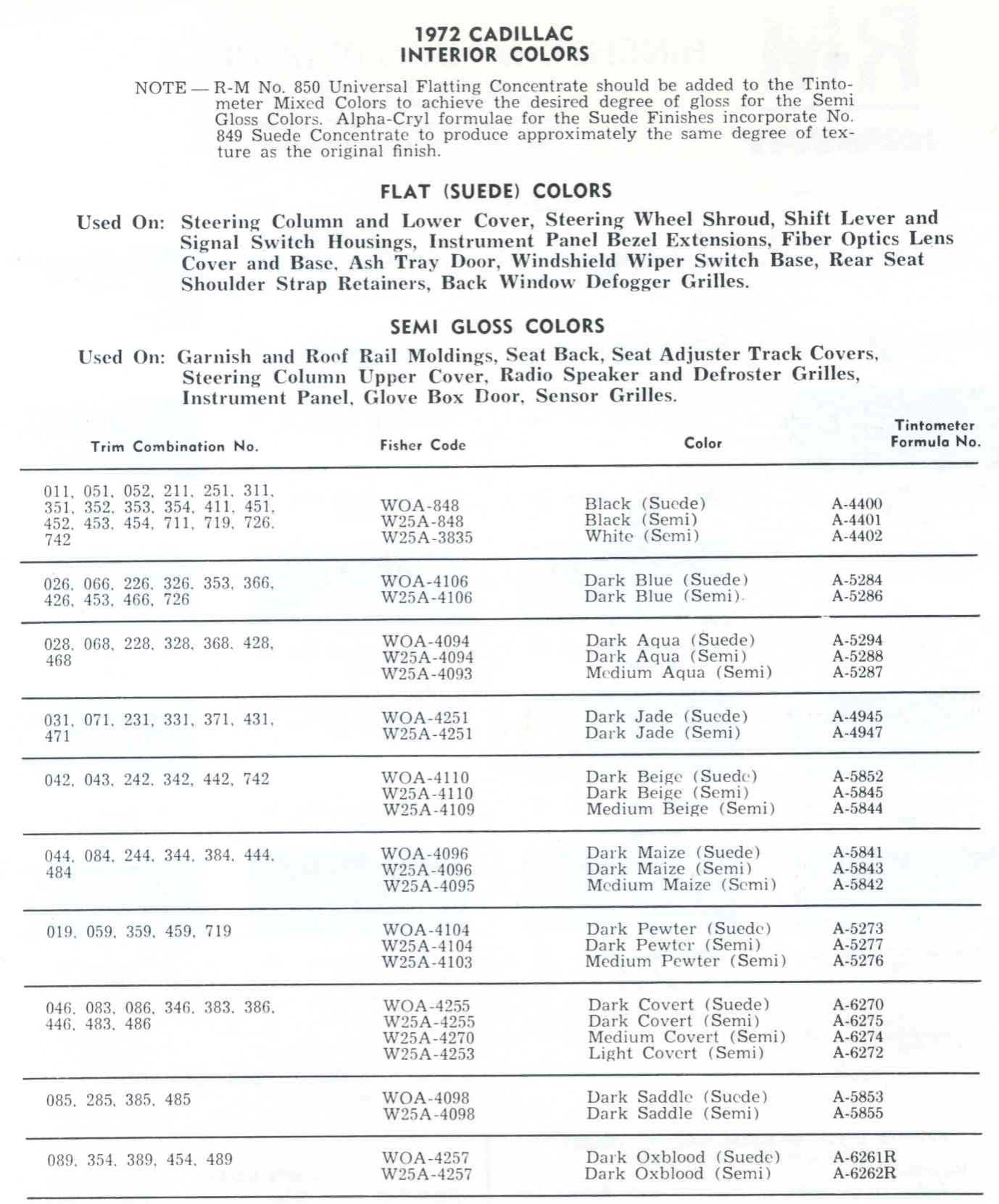 1972 Cadillac Paint Color Code Chart Cadillac Paint Paint Color Example Charts, Descriptions