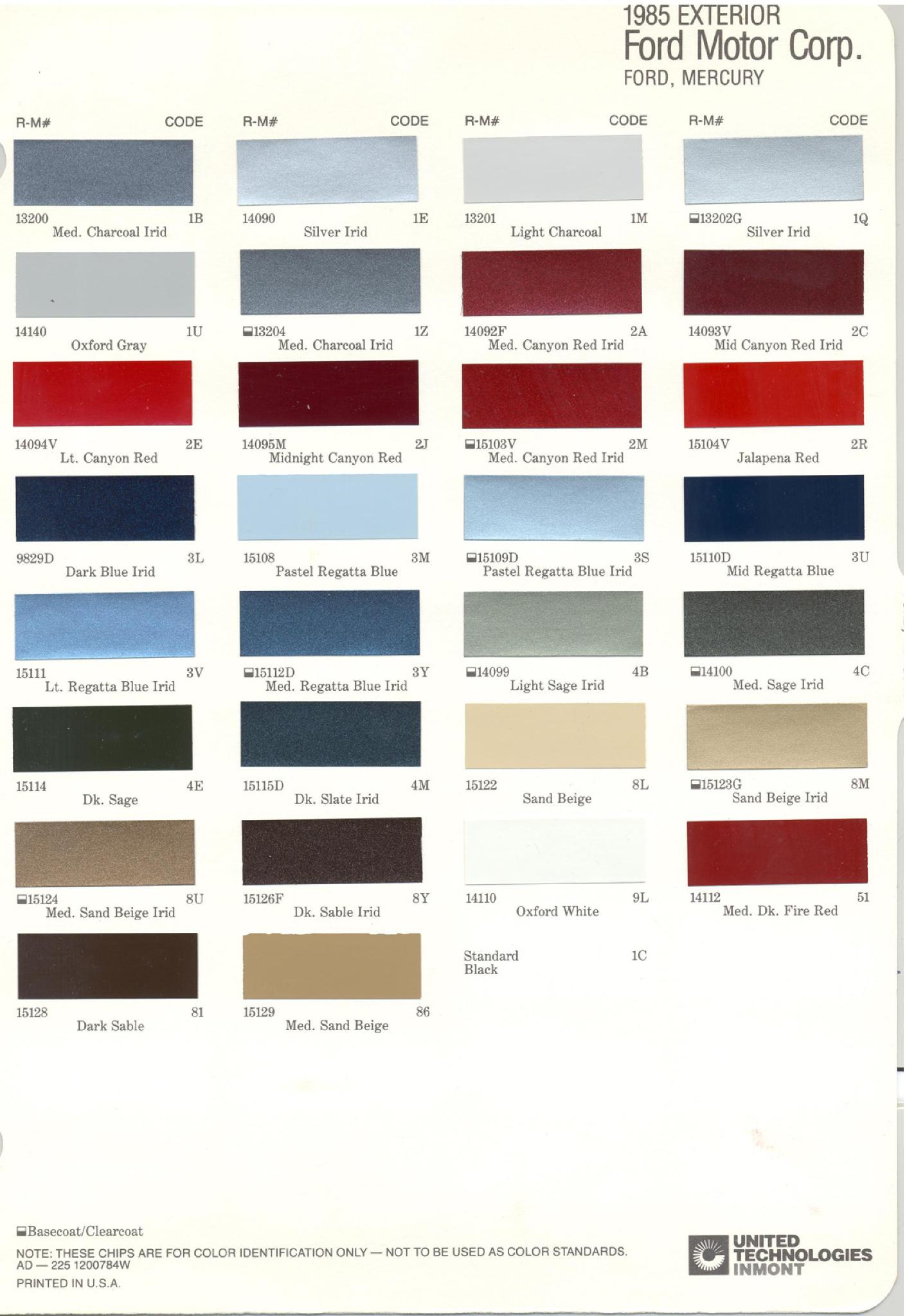 1985 Ford, Lincoln & Mercury Vehicles Paint Codes and Color Chart Ford Motor Vehicle Color Code Chart/Page Paint