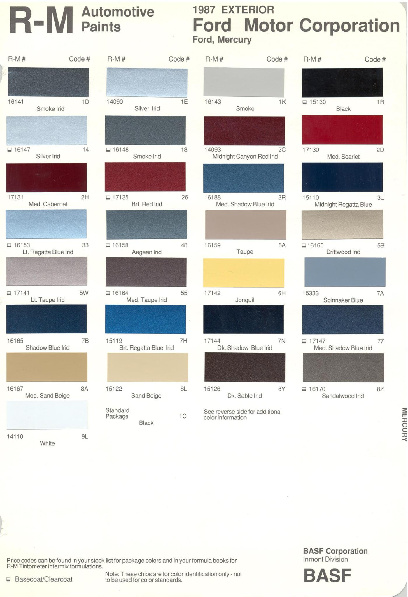 1987 Ford, Lincoln & Mercury Vehicles Paint Codes and Color Chart Ford Motor Vehicle Color Code Chart/Page Paint