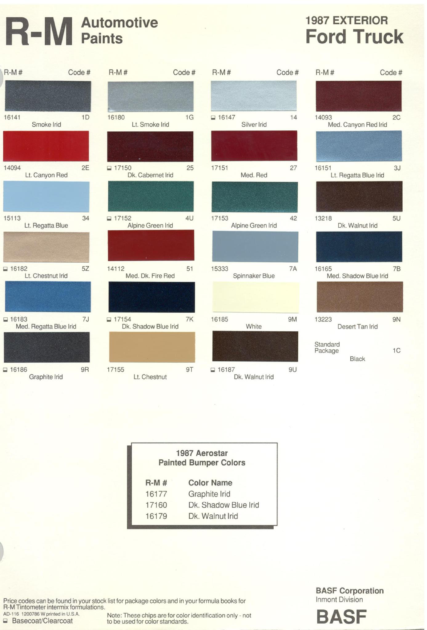 1987 Ford, Lincoln & Mercury Vehicles Paint Codes and Color Chart Ford Motor Vehicle Color Code Chart/Page Paint