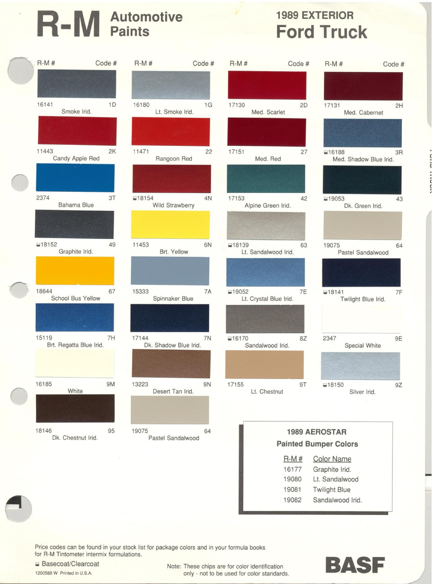 1989 Ford, Lincoln & Mercury Vehicles Paint Codes and Color Chart Ford Motor Vehicle Color Code Chart/Page Paint