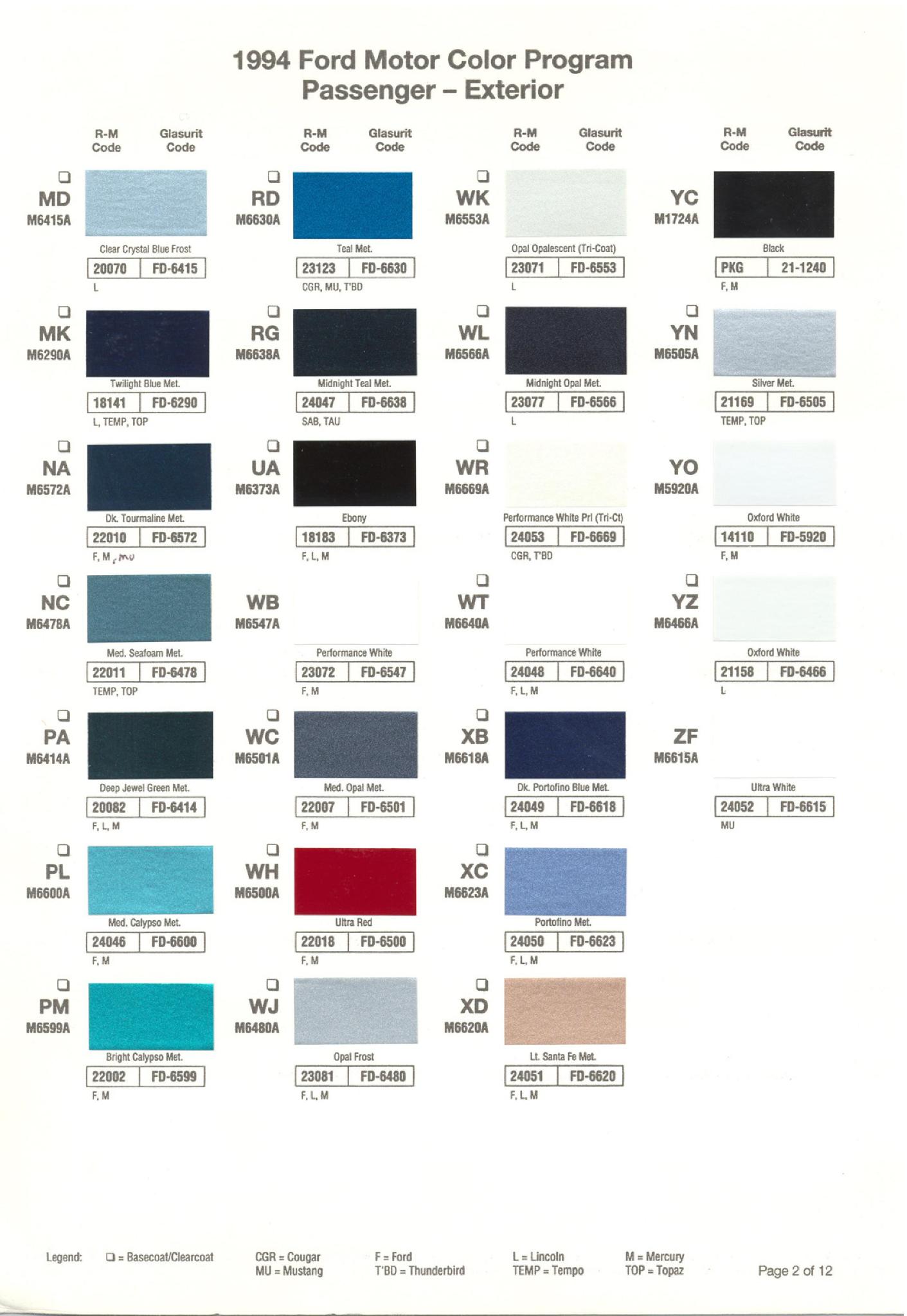 1994 Ford paint colors Ford Motor Vehicle Color Code Chart/Page Paint