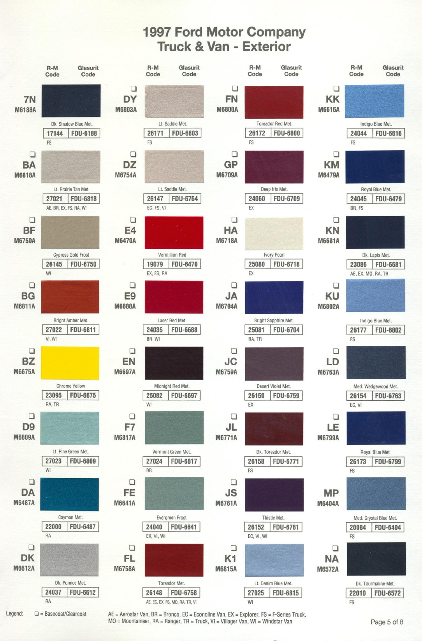 Ford paint colors 1997 Ford Motor Vehicle Color Code Chart/Page Paint