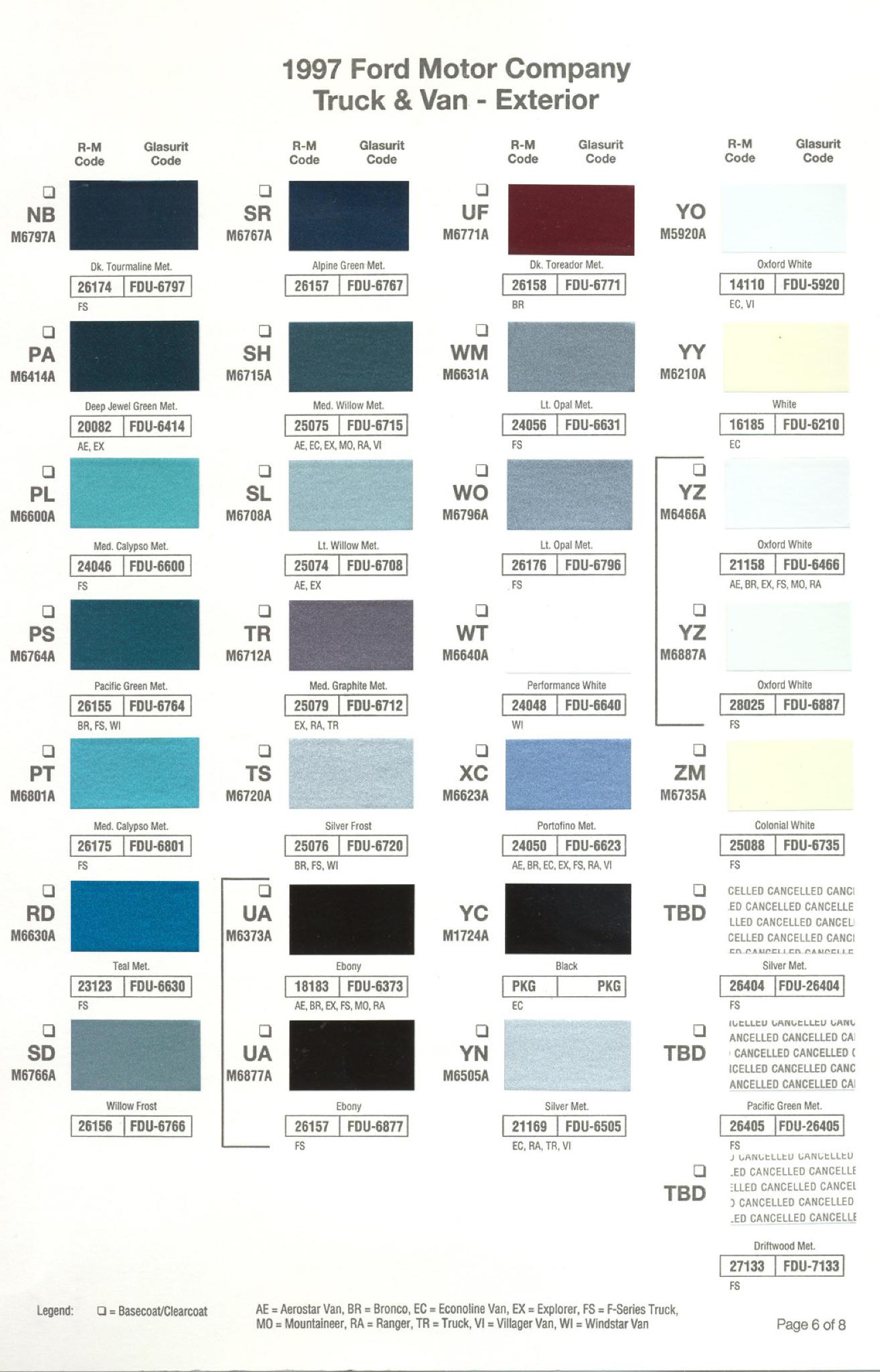 Ford paint colors 1997 Ford Motor Vehicle Color Code Chart/Page Paint