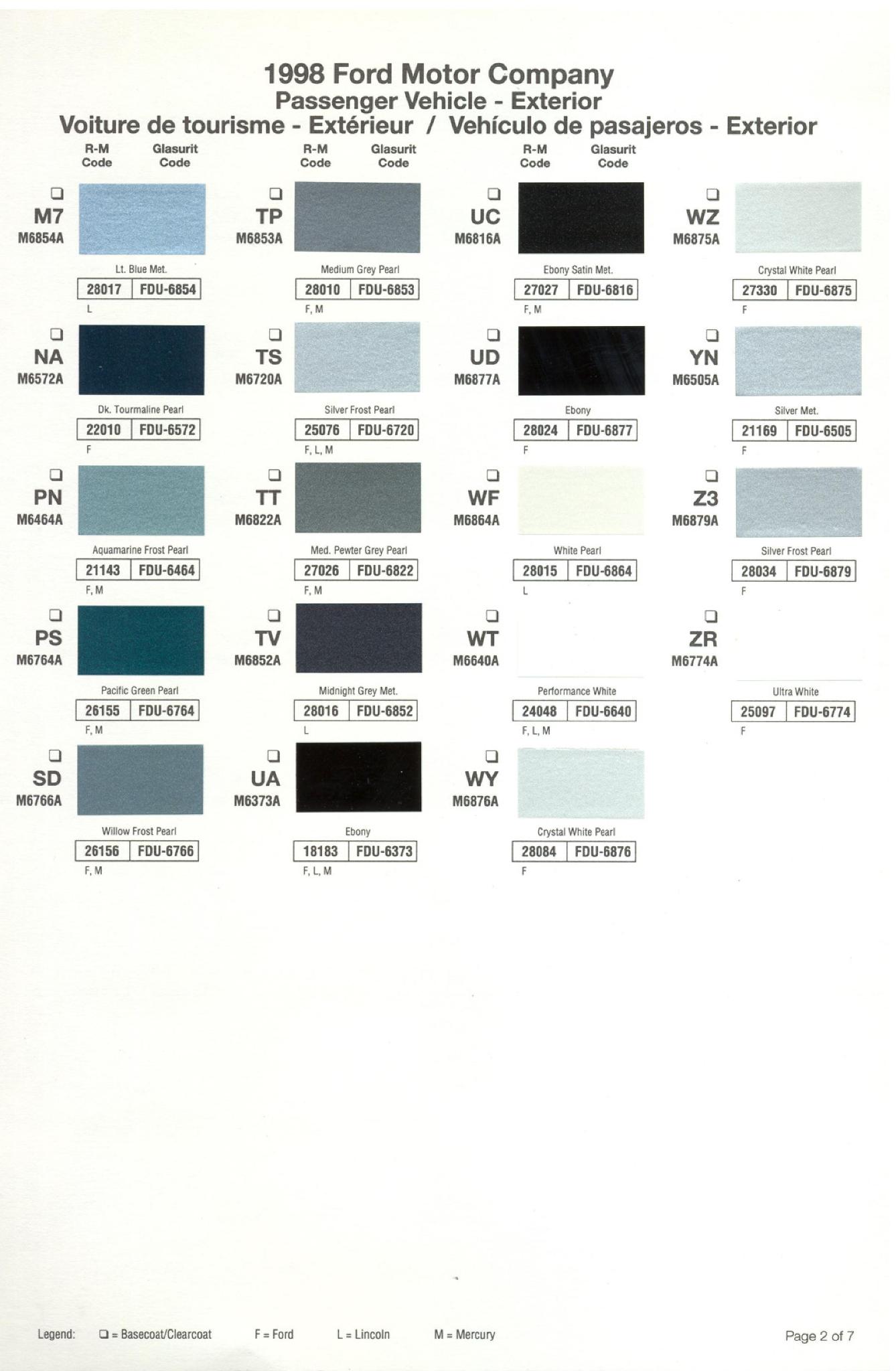 Ford paint colors 1998 Ford, Lincoln & Mercury Vehicles Paint Codes and Color Chart Ford Motor Vehicle Color Code Chart/Page Paint