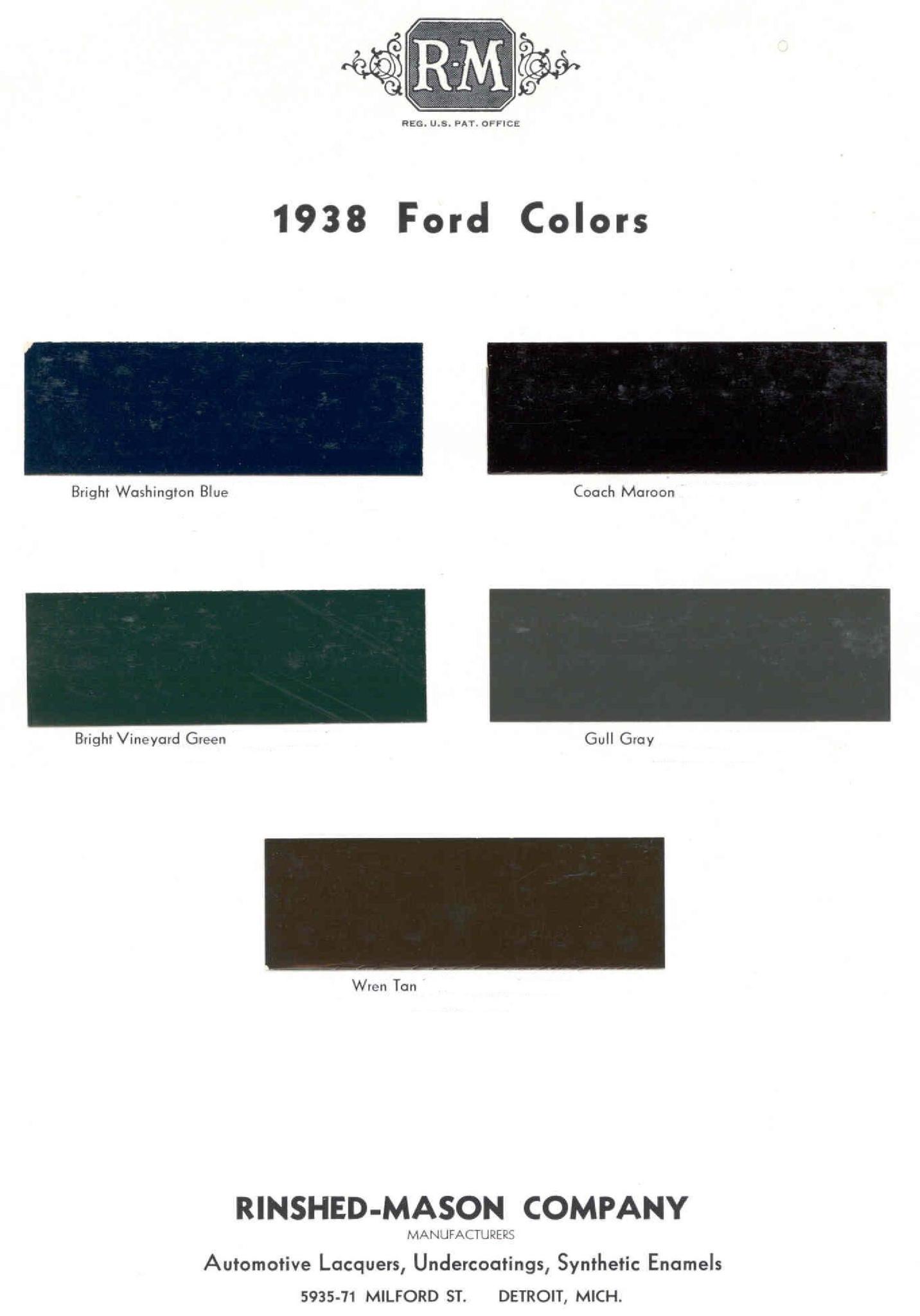 1938 Ford Motor Vehicle Color Code Chart/Page Paint