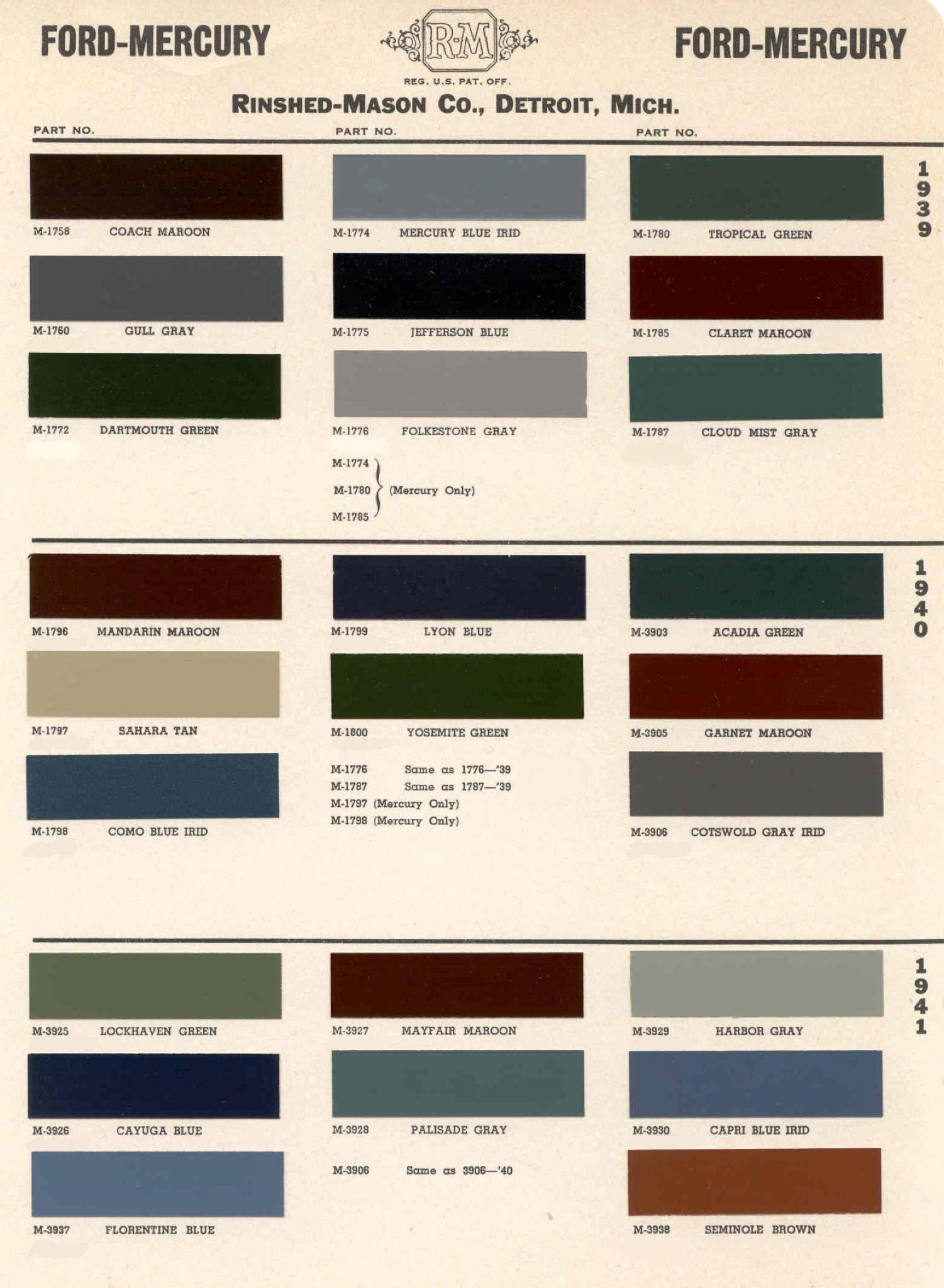 1939, 1940, 1941 Ford Motor Vehicle Color Code Chart/Page Paint