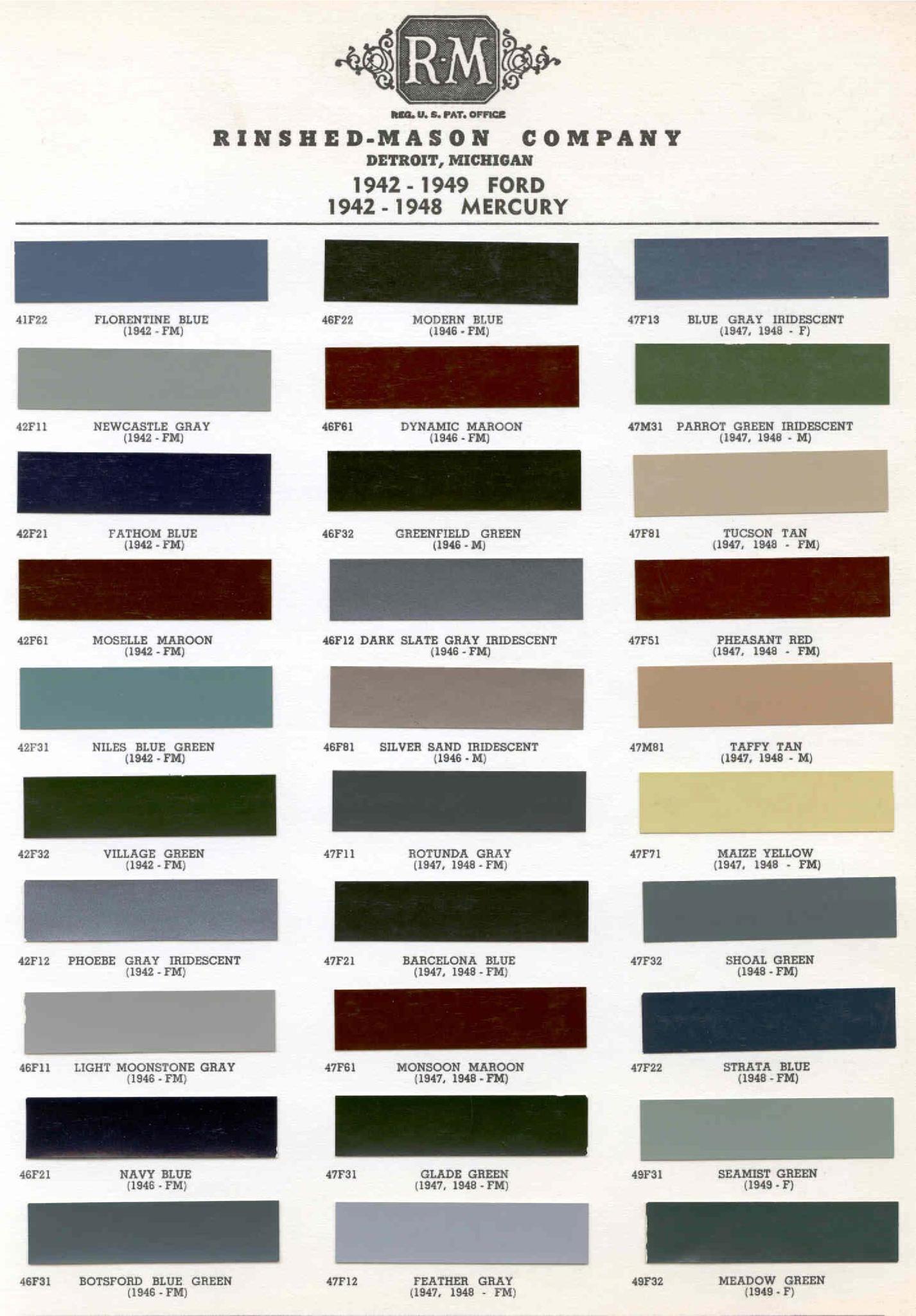 1942-1949 ford Ford Motor Vehicle Color Code Chart/Page Paint