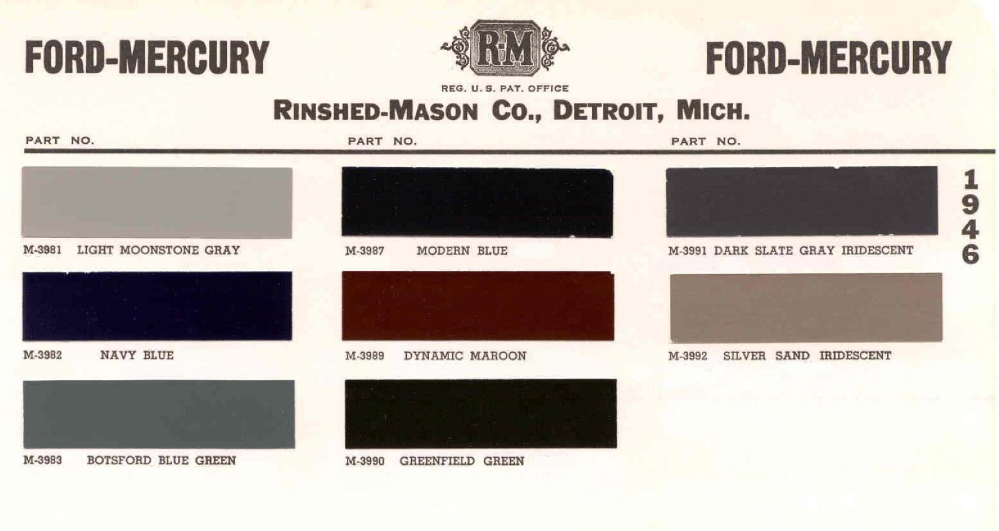 1946 Ford Motor Vehicle Color Code Chart/Page Paint