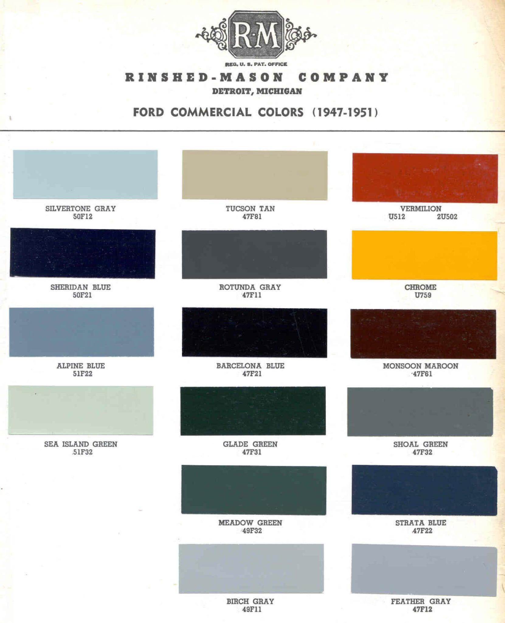 1947-1951 ford fleet Ford Motor Vehicle Color Code Chart/Page Paint