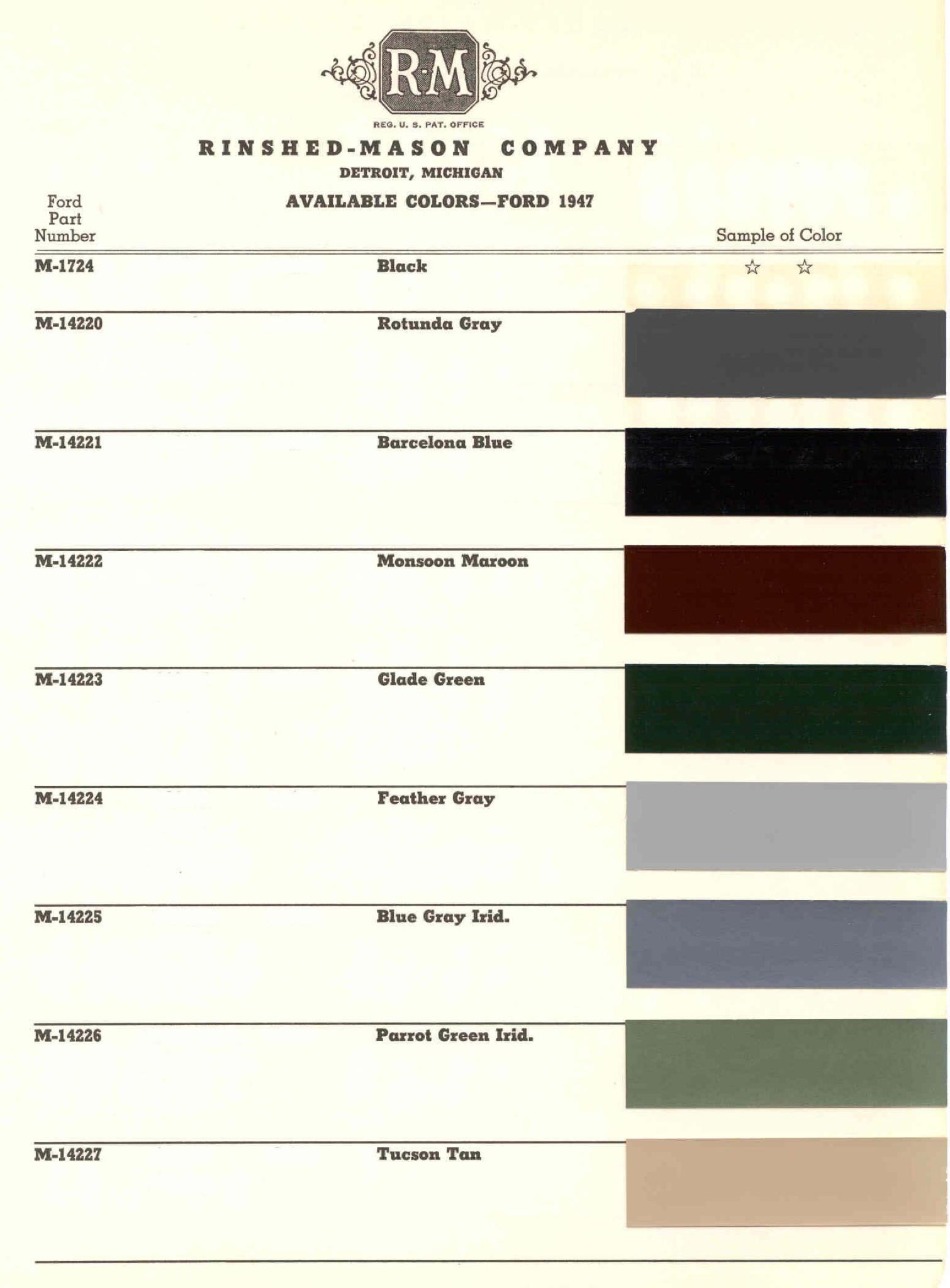 1947 Ford Ford Motor Vehicle Color Code Chart/Page Paint