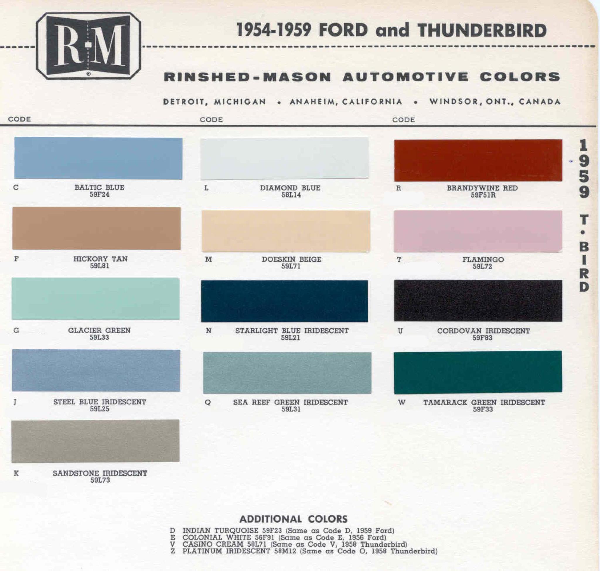 1954 to 1959 ford Ford Motor Vehicle Color Code Chart/Page Paint