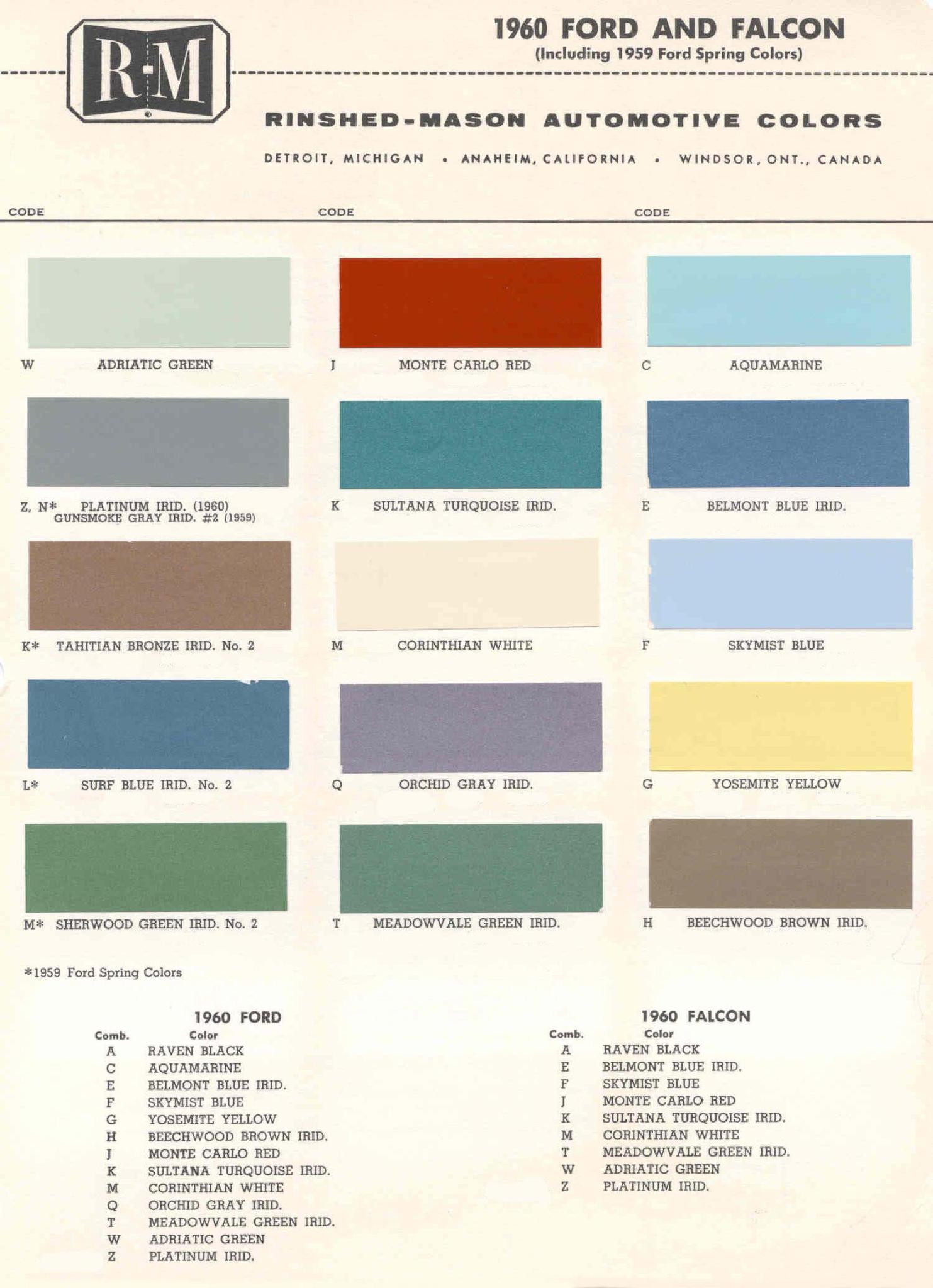 1960 ford Ford Motor Vehicle Color Code Chart/Page Paint