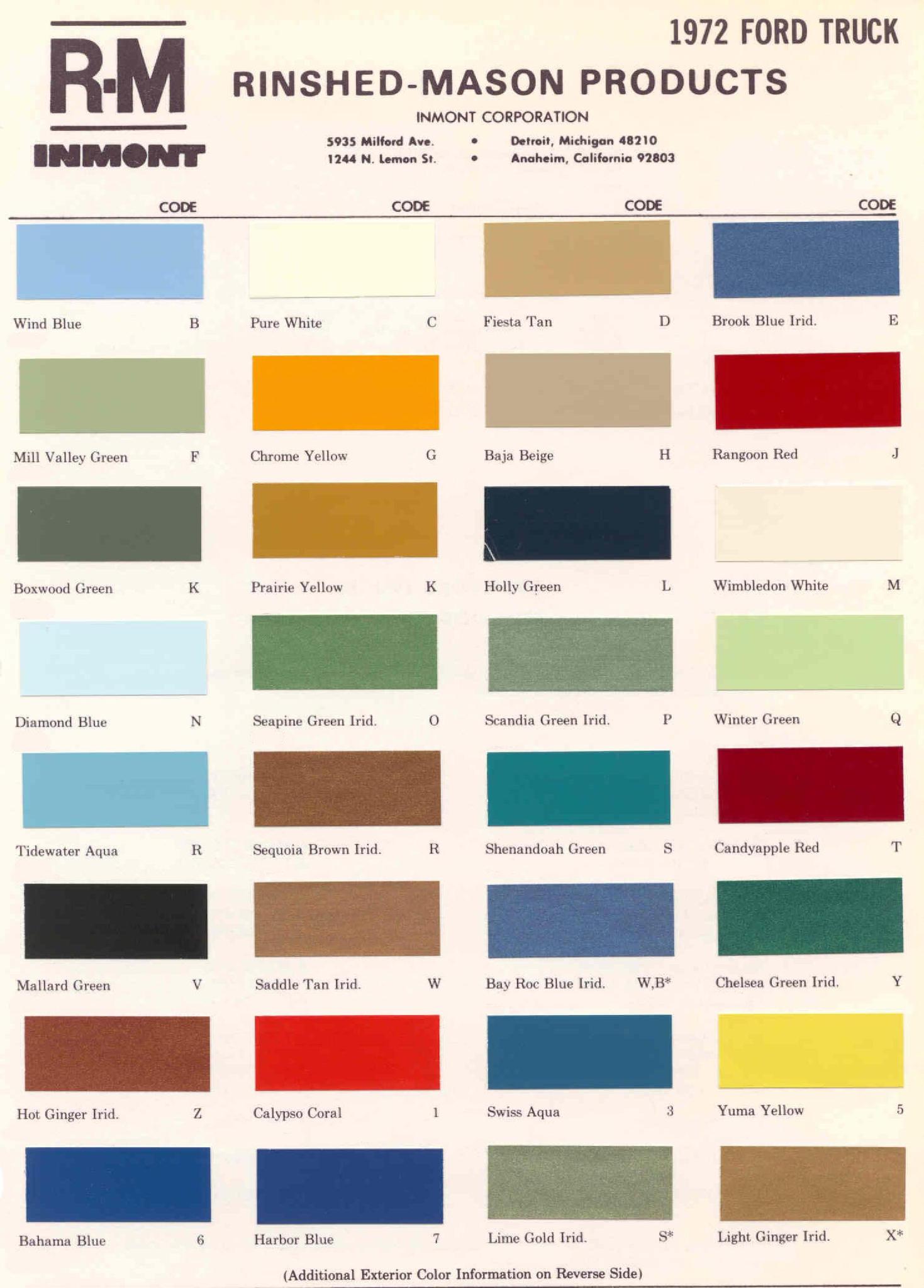 1972 Ford Truck Ford Paint Codes & Color Chart Ford Motor Vehicle Color Code Chart/Page Paint