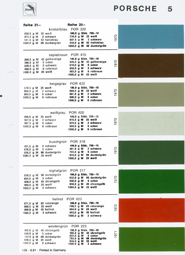 Color Codes for Porshe Vehicles used in 1970, 1971 Porsche Exterior Paint Codes and Color Chart