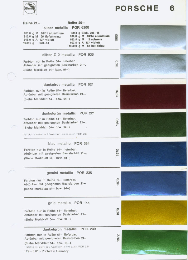 Color Codes for Porshe Vehicles used in 1966, 1970, 1972 Porsche Exterior Paint Codes and Color Chart