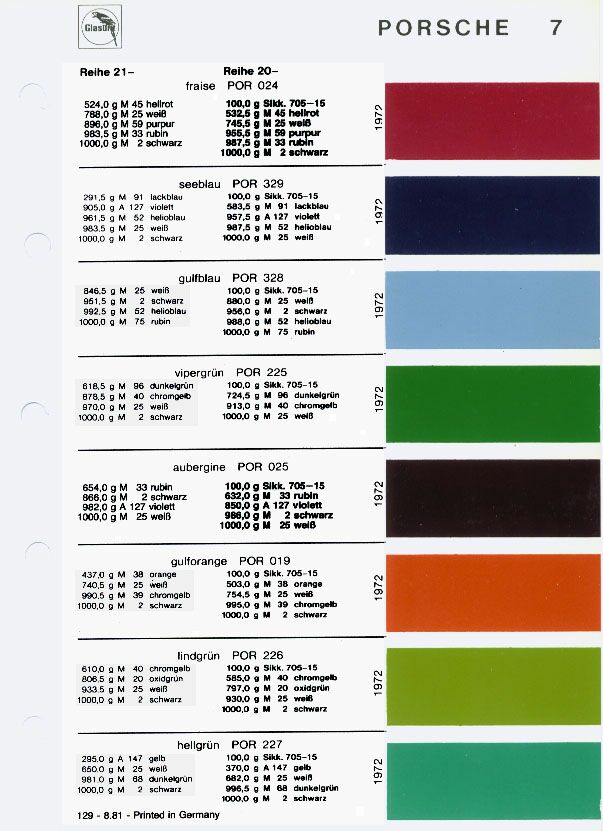 Color Codes for Porshe Vehicles used in 1972 Porsche Exterior Paint Codes and Color Chart