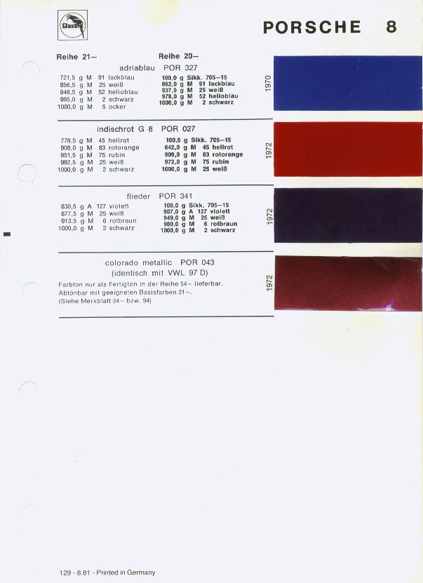 Color Codes for Porshe Vehicles used in 1970, 1972 Porsche Exterior Paint Codes and Color Chart