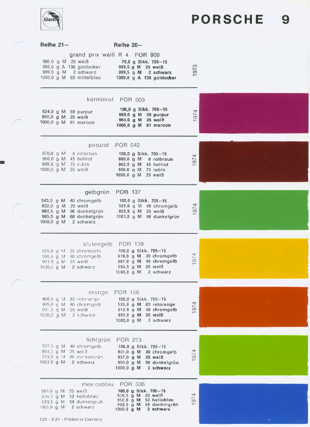 Color Codes for Porshe Vehicles used in 1973, 1974 Porsche Exterior Paint Codes and Color Chart