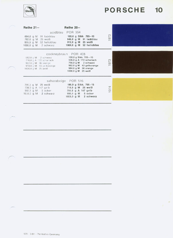 Color Code fors Porshe Vehicles used in 1973, 1974 Porsche Exterior Paint Codes and Color Chart