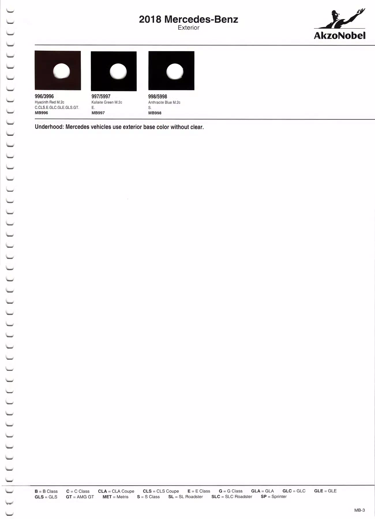 2018 Mercedes-Benz Paint Chart Page 3 Oem Color Swatches with Paint codes, Color Names, Color Shades, and Akzo stock numbers. This is a "Paint Chart"