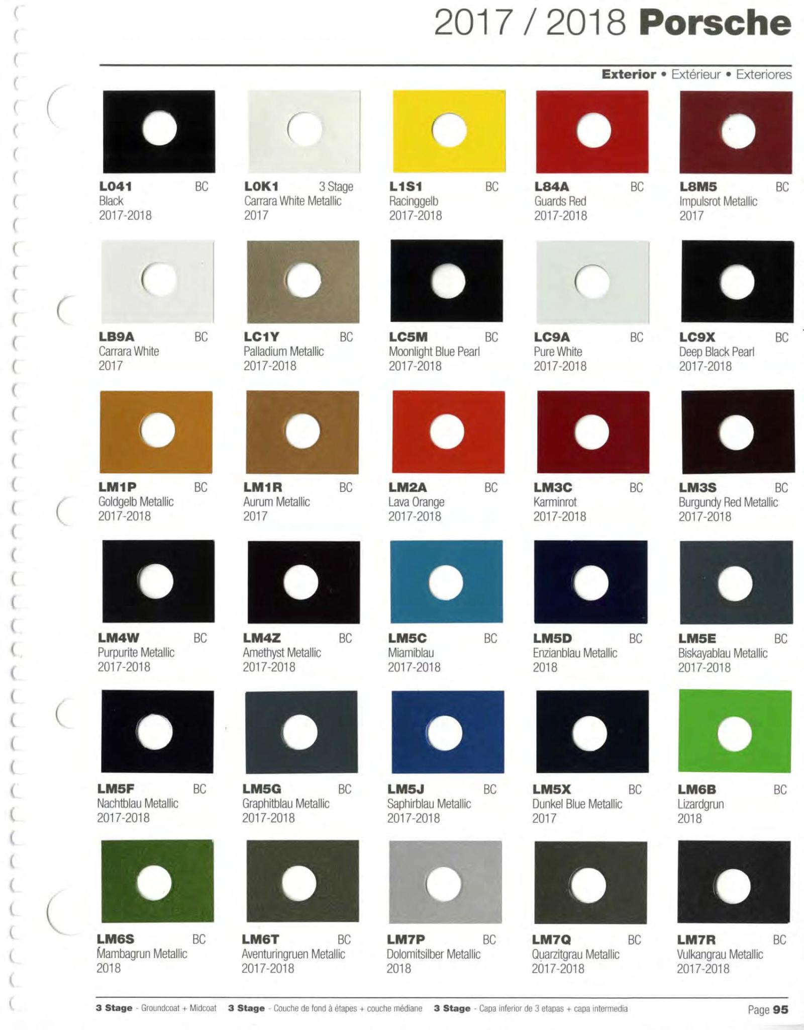 Color Codes for Porshe Vehicles used in 2017 - 2018 Porsche Exterior Paint Codes and Color Chart