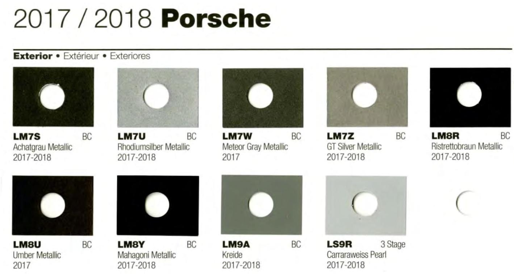 Color Codes for Porshe Vehicles used in 2017 - 2018 Porsche Exterior Paint Codes and Color Chart
