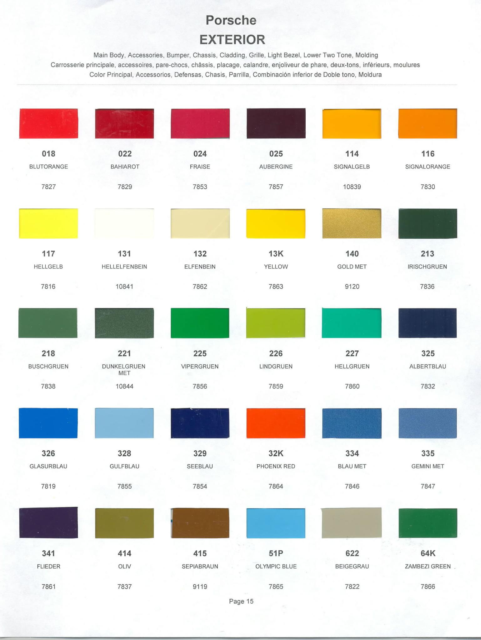 Color Codes for Porshe Vehicles used in 1973 Porsche Exterior Paint Codes and Color Chart