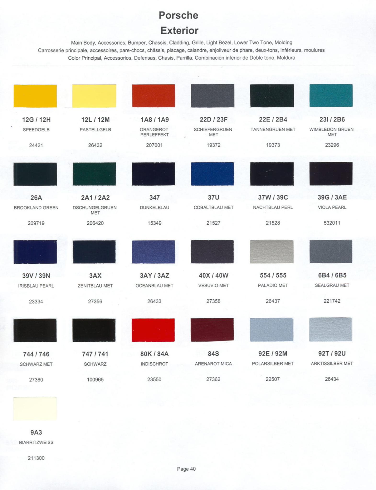 2000 Color Codes for Porshe Vehicles used in 2000 Porsche Exterior Paint Codes and Color Chart