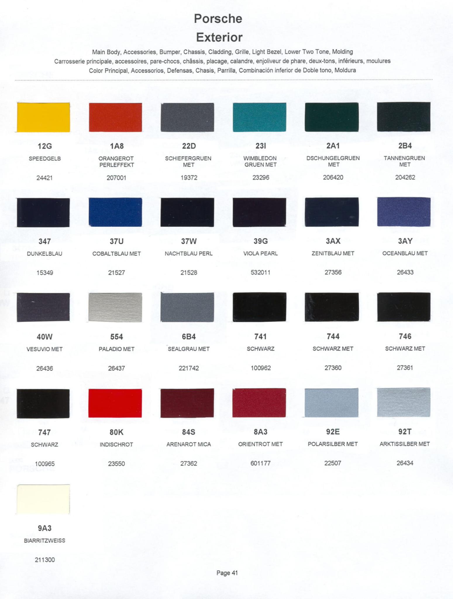 2001 Color Codes for Porshe Vehicles used in 2001 Porsche Exterior Paint Codes and Color Chart