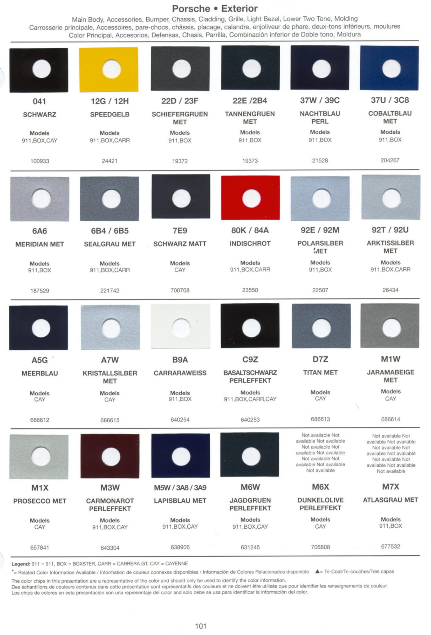 Color Codes for Porshe Vehicles used in 2004 Porsche Exterior Paint Codes and Color Chart