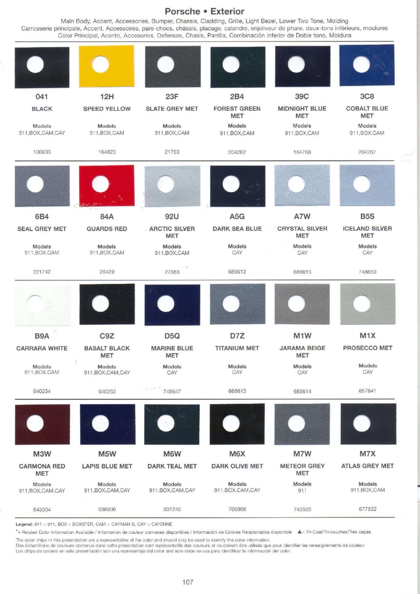 Color Codes for Porshe Vehicles used in 2007 Porsche Exterior Paint Codes and Color Chart