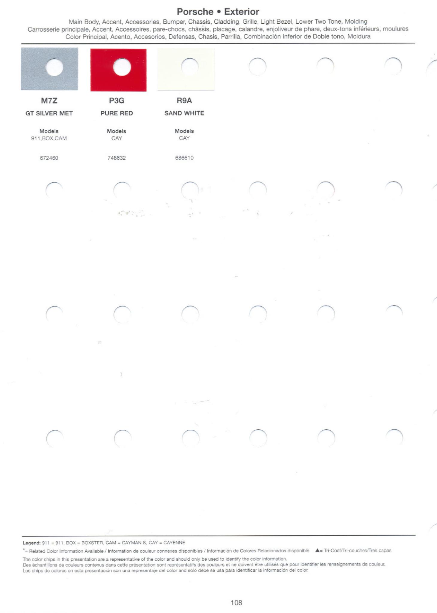 Color Codes for Porshe Vehicles used in 2007 Porsche Exterior Paint Codes and Color Chart