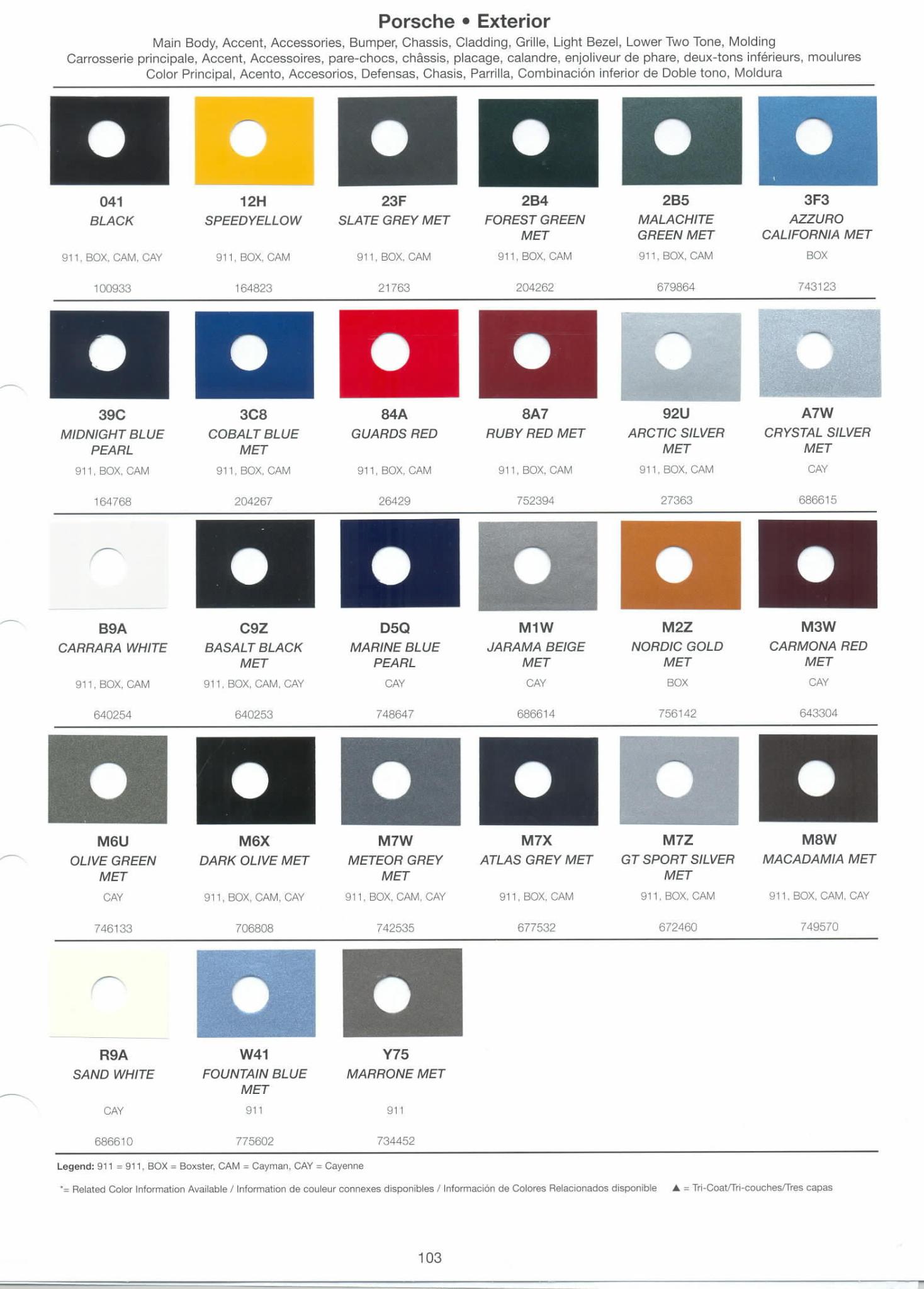Color Codes for Porshe Vehicles used in 2008 Porsche Exterior Paint Codes and Color Chart