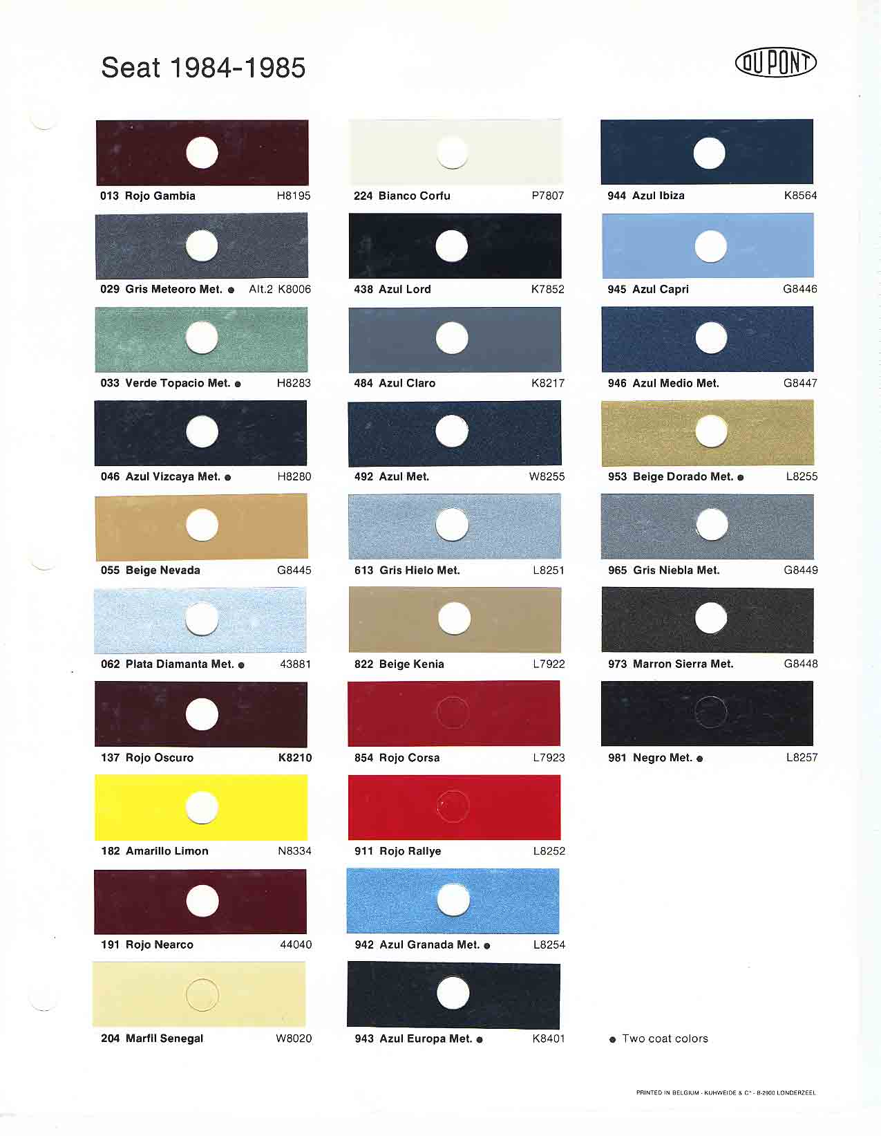 1984 - 1985 Seat Paint Chart and Color Codes Exterior Color options that the Seat vehicle offered