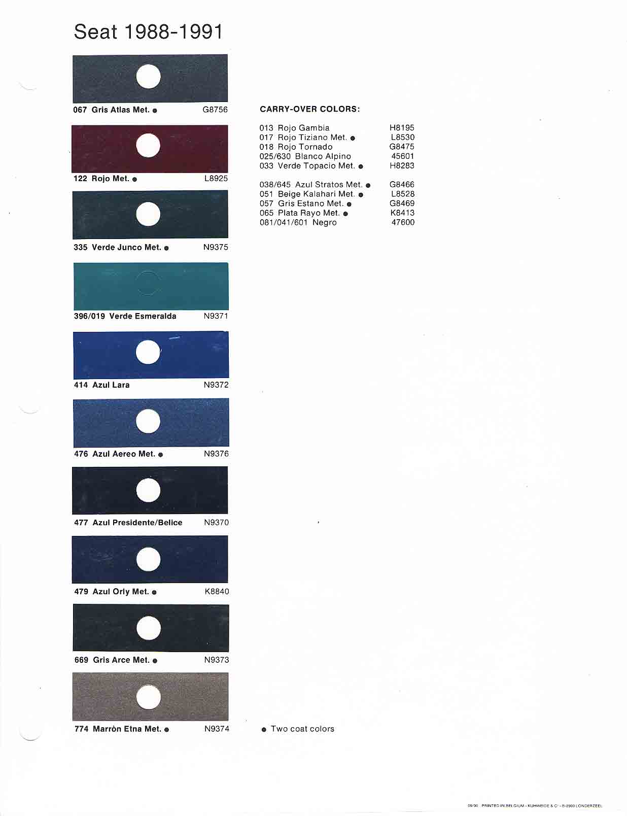 1988 - 1991 Seat Paint Chart and Color Codes Exterior Color options that the Seat vehicle offered