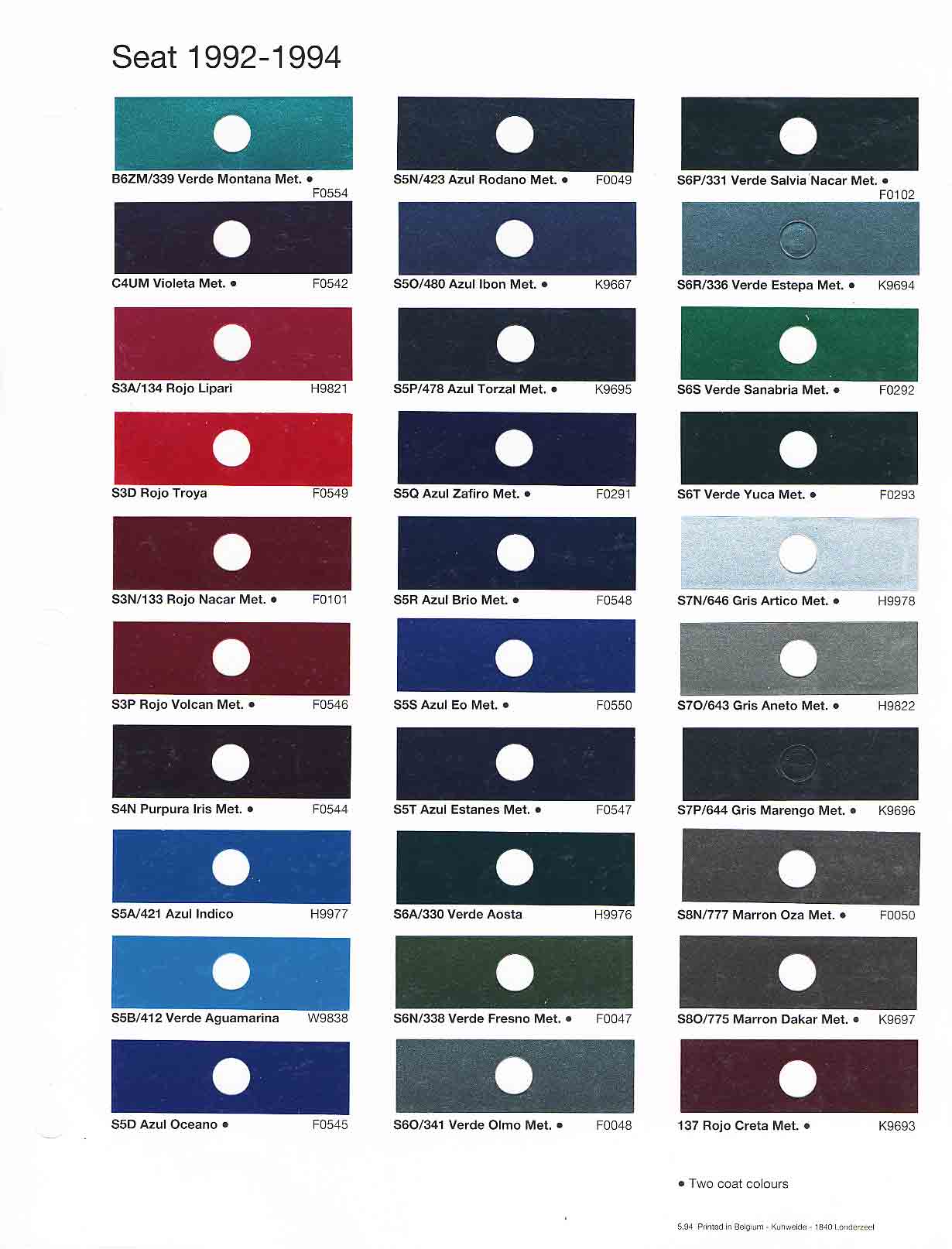 1992 - 1994 Seat Paint Chart and Color Codes Exterior Color options that the Seat vehicle offered