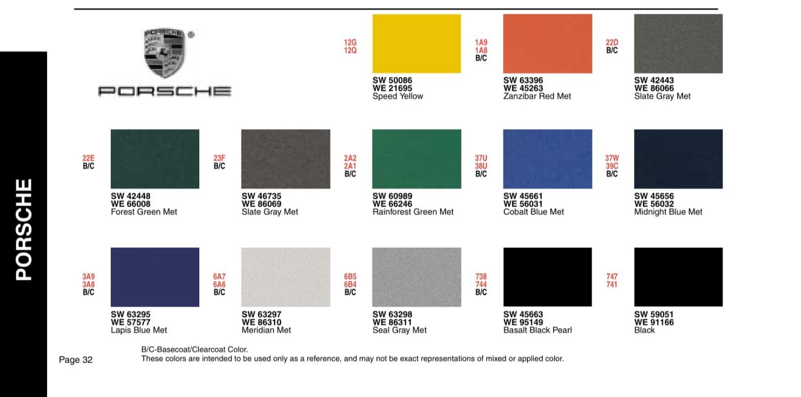 2003 Color Codes for Porshe Vehicles used in 2003 Porsche Exterior Paint Codes and Color Chart