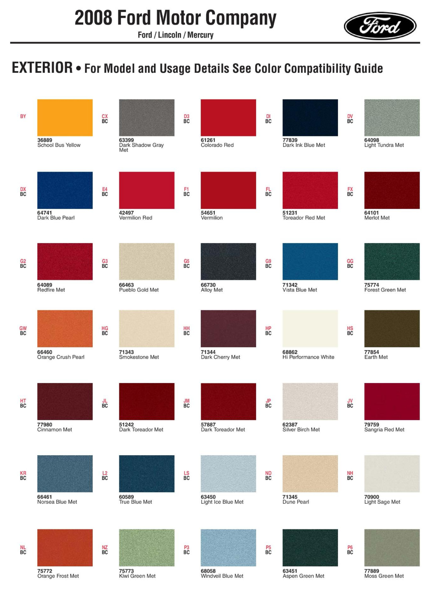 Ford paint colors 2008 Ford Motor Vehicle Color Code Chart/Page Paint