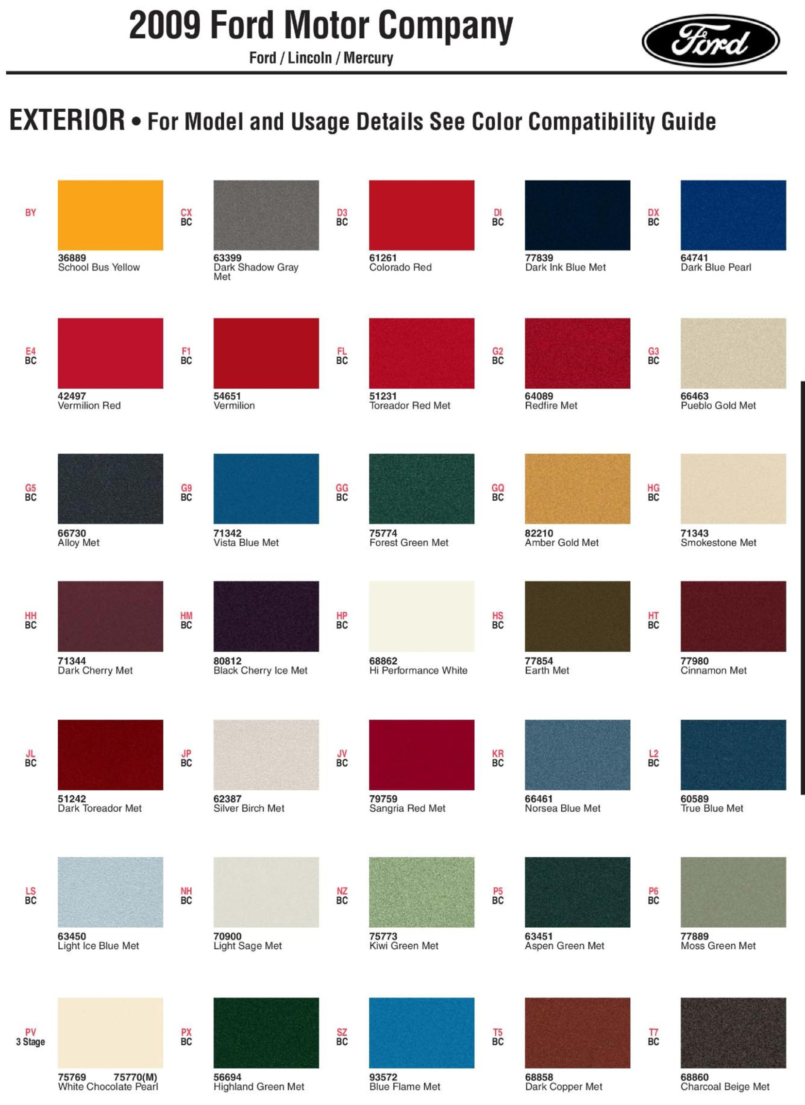 Ford paint colors 2009 Ford Motor Vehicle Color Code Chart/Page Paint