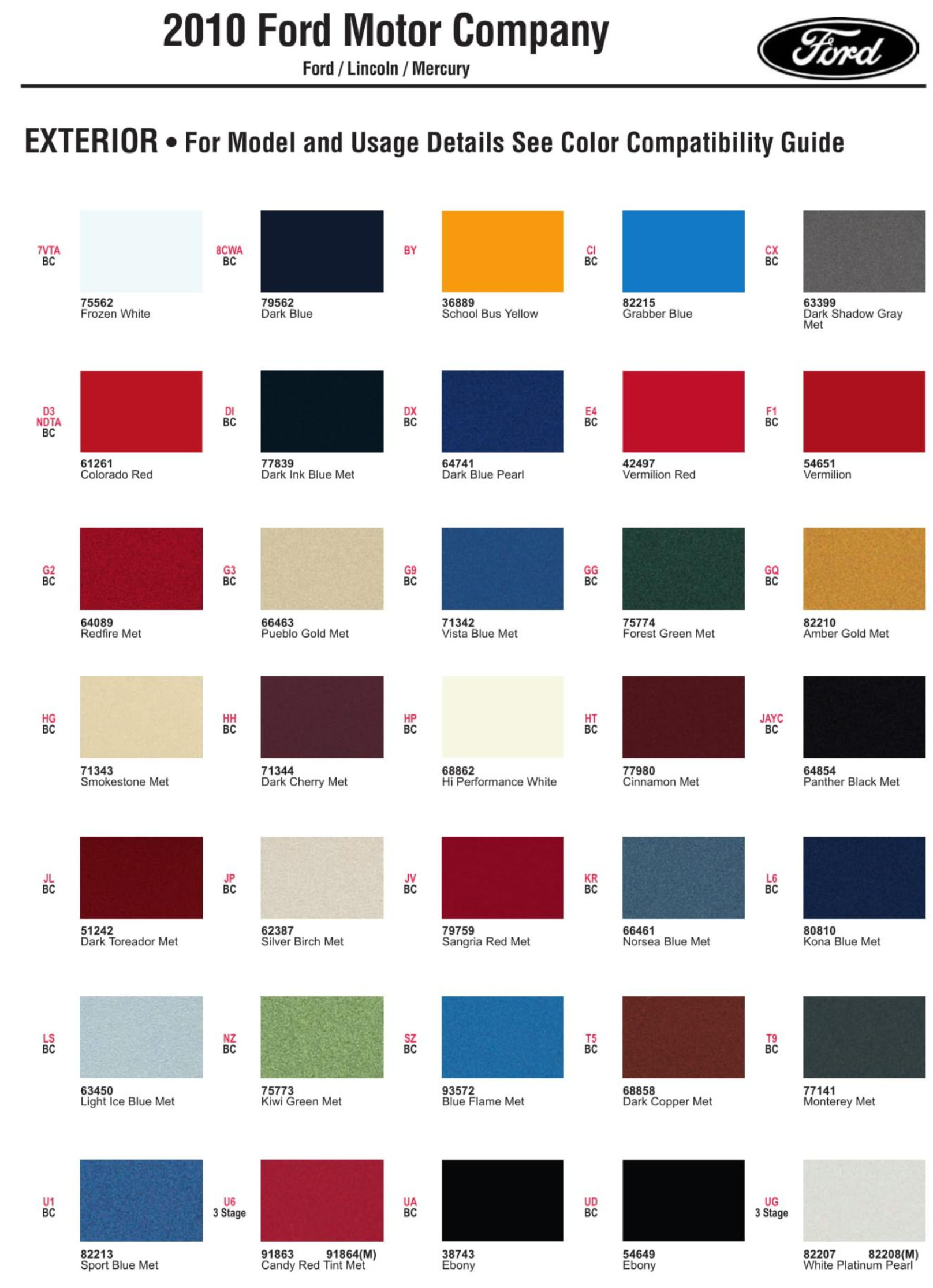 Ford paint colors 2010 Ford Motor Vehicle Color Code Chart/Page Paint